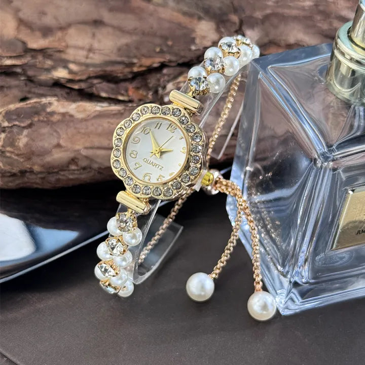 Double-Row Pearl Bracelet Quartz Watch for Women – Arabic Numeral Dial, Diamond-Encrusted Case