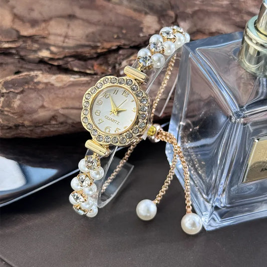 Double-Row Pearl Bracelet Quartz Watch for Women – Arabic Numeral Dial, Diamond-Encrusted Case