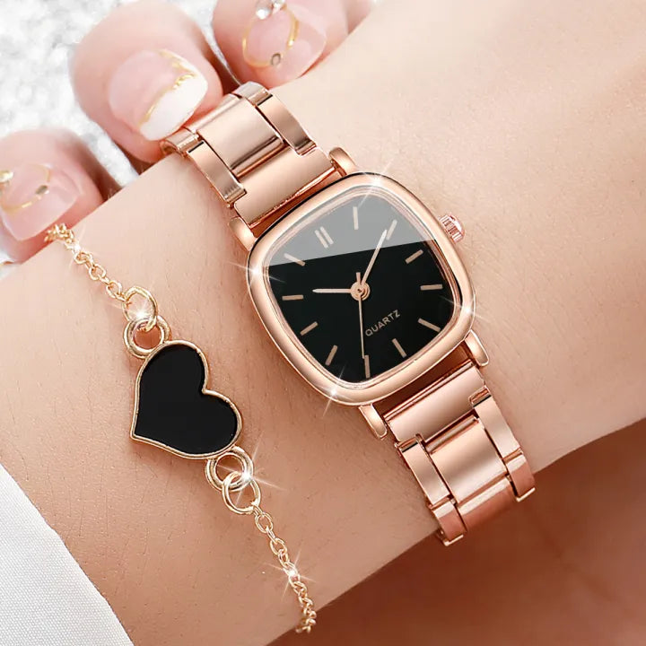 2PCS Fashion Watch & Bracelet Set for Women – Square Dial Quartz Watch with Stainless Steel Band + Heart Bracelet