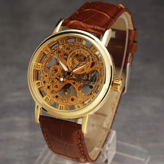 Men’s Brown Leather Skeleton Watch – Classic Leather Strap, Mechanical Skeleton Design